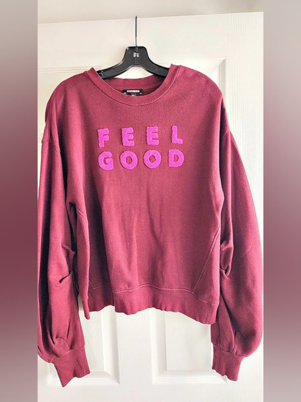 Express Berry Crewneck Sweatshirt with Pink FEEL GOOD Text Feel Good Graphic